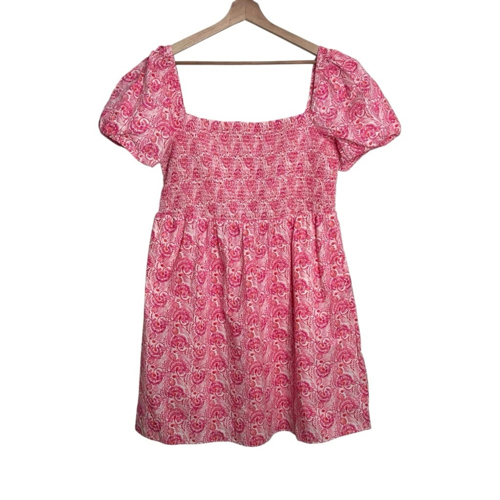 J.Crew Puff-sleeve Smocked Mini Dress in Dandelion Swirl Pink Orange Size XL - Picture 5 of 11